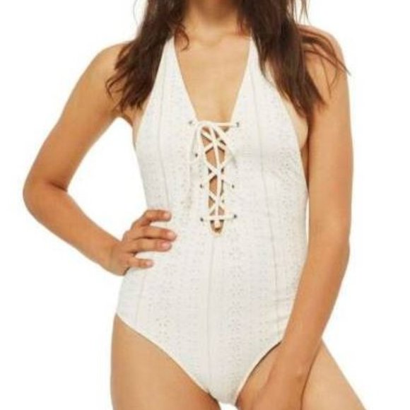 TOPSHOP Broderie Lace Up Eyelet Lace Swimsuit - Picture 3 of 4
